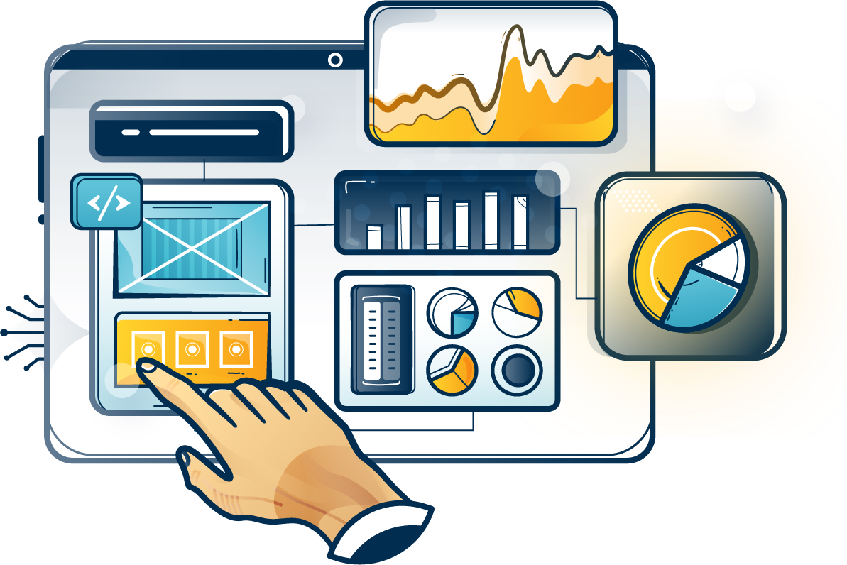 a sketch of a web dashboard with many different modules and a hand choosing a report