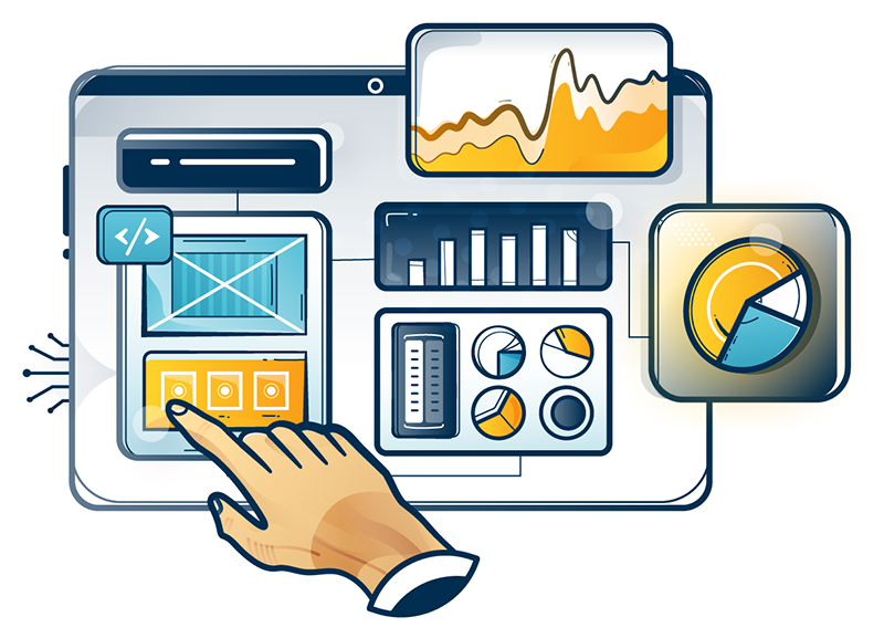 Graphic showing multiple plug-and-play modules forming one web dashboard