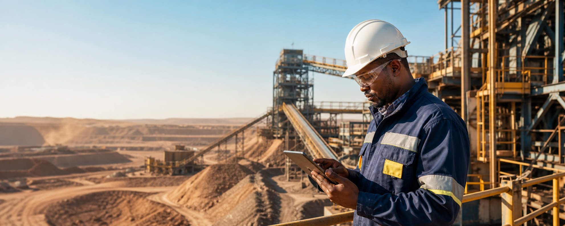Inspection technician using a tablet at a copper mining processing facility