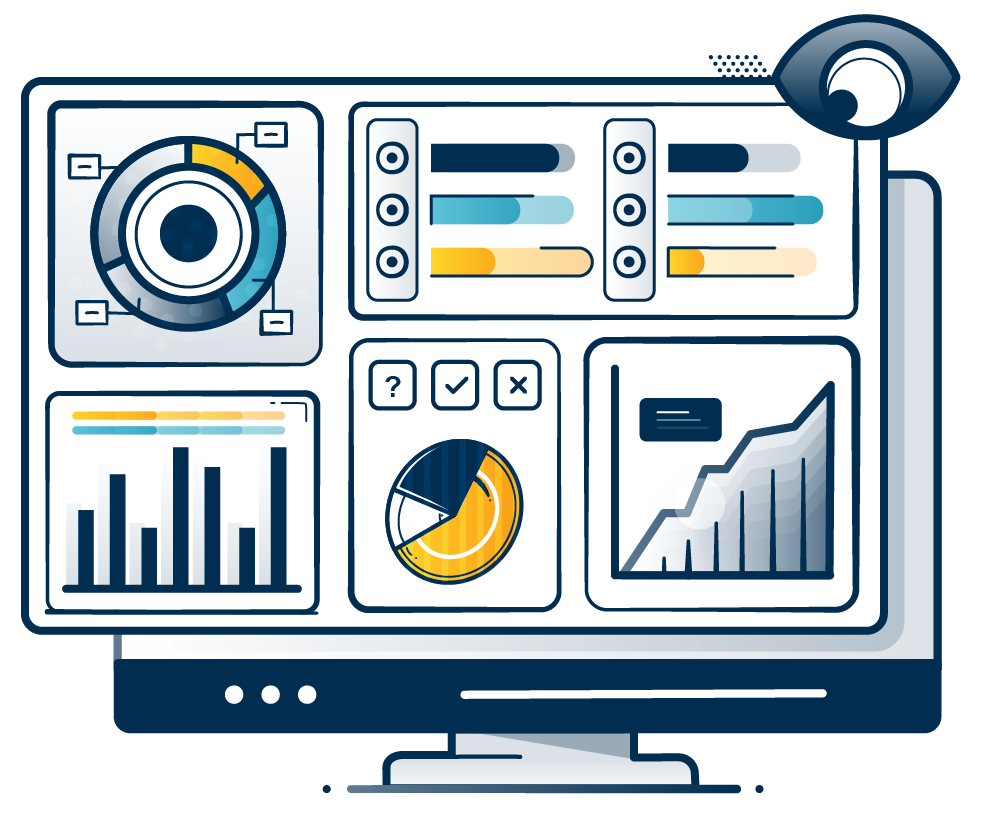 Web-dashboard graphic highlighting the features of the client portal