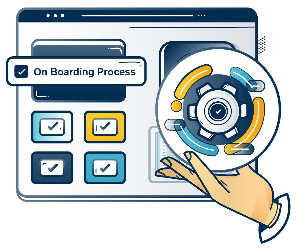 Web-UI dashboard graphic illustrating a multi-step onboarding process