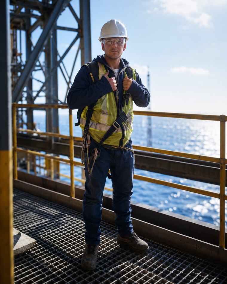 NDT operator standing on an offshore platform walkway