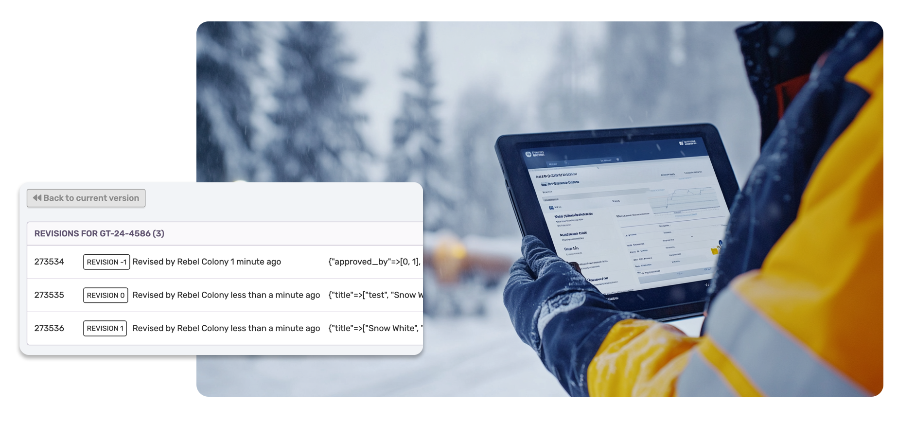a tablet device showing a software dashboard outside in a winter industrial setting