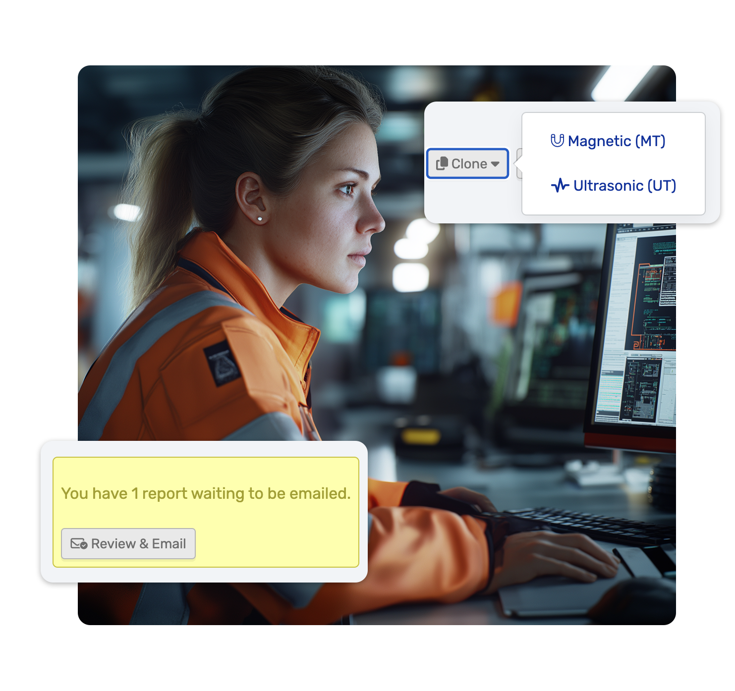 a women in an offshore platform office setting looking at a computer screen