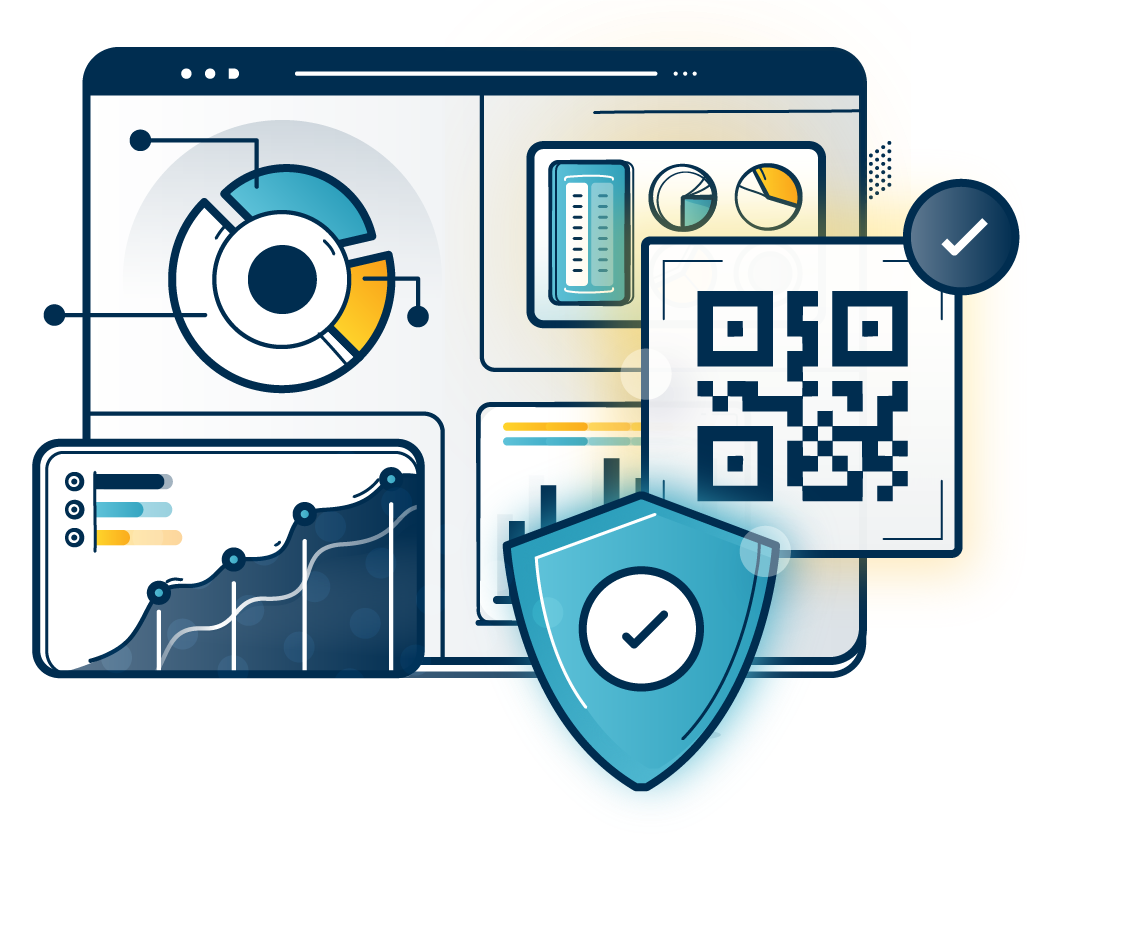 Graphic showing a report with QR code and validation shields