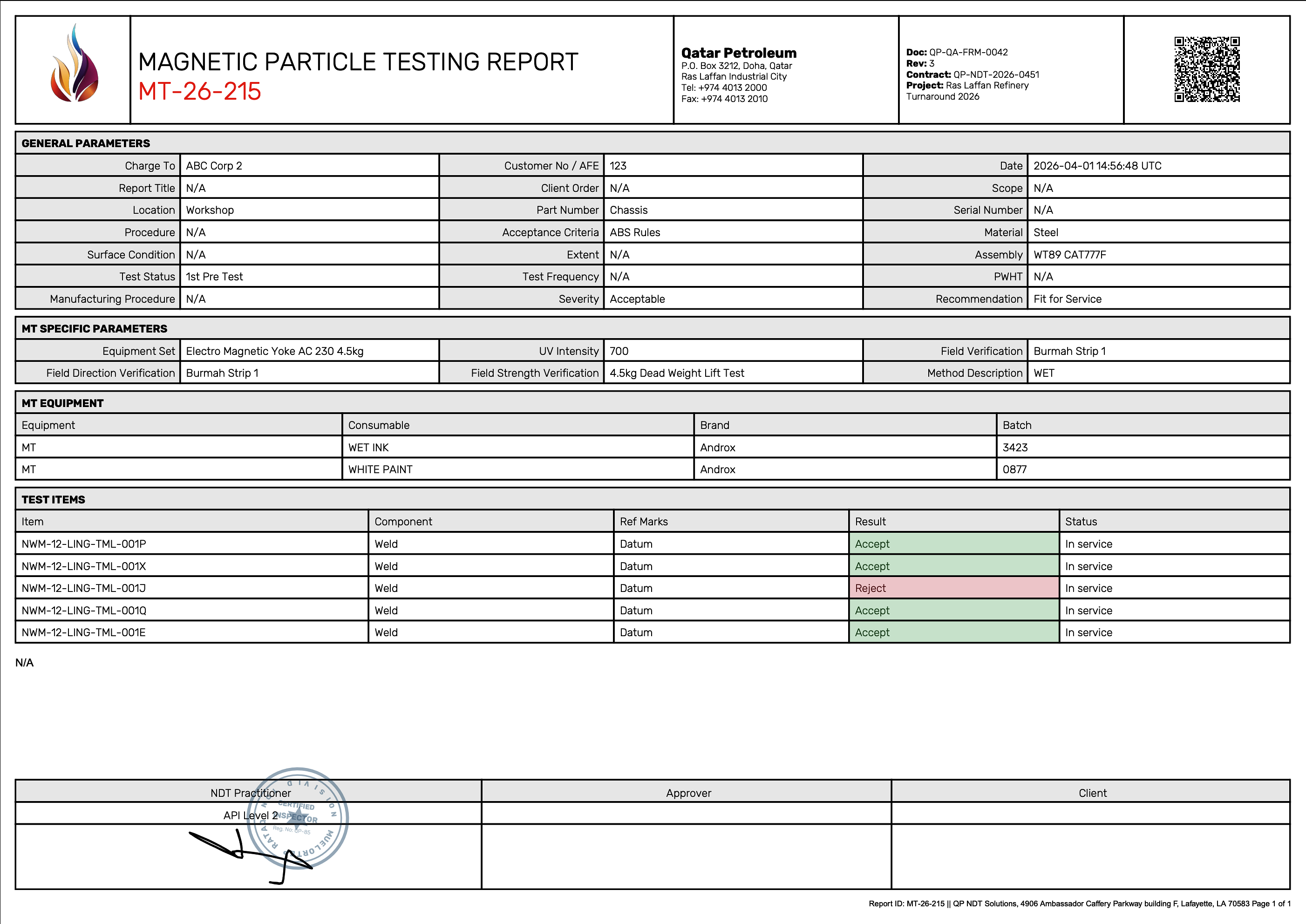 Magnetic Particle Testing report with QR code validation
