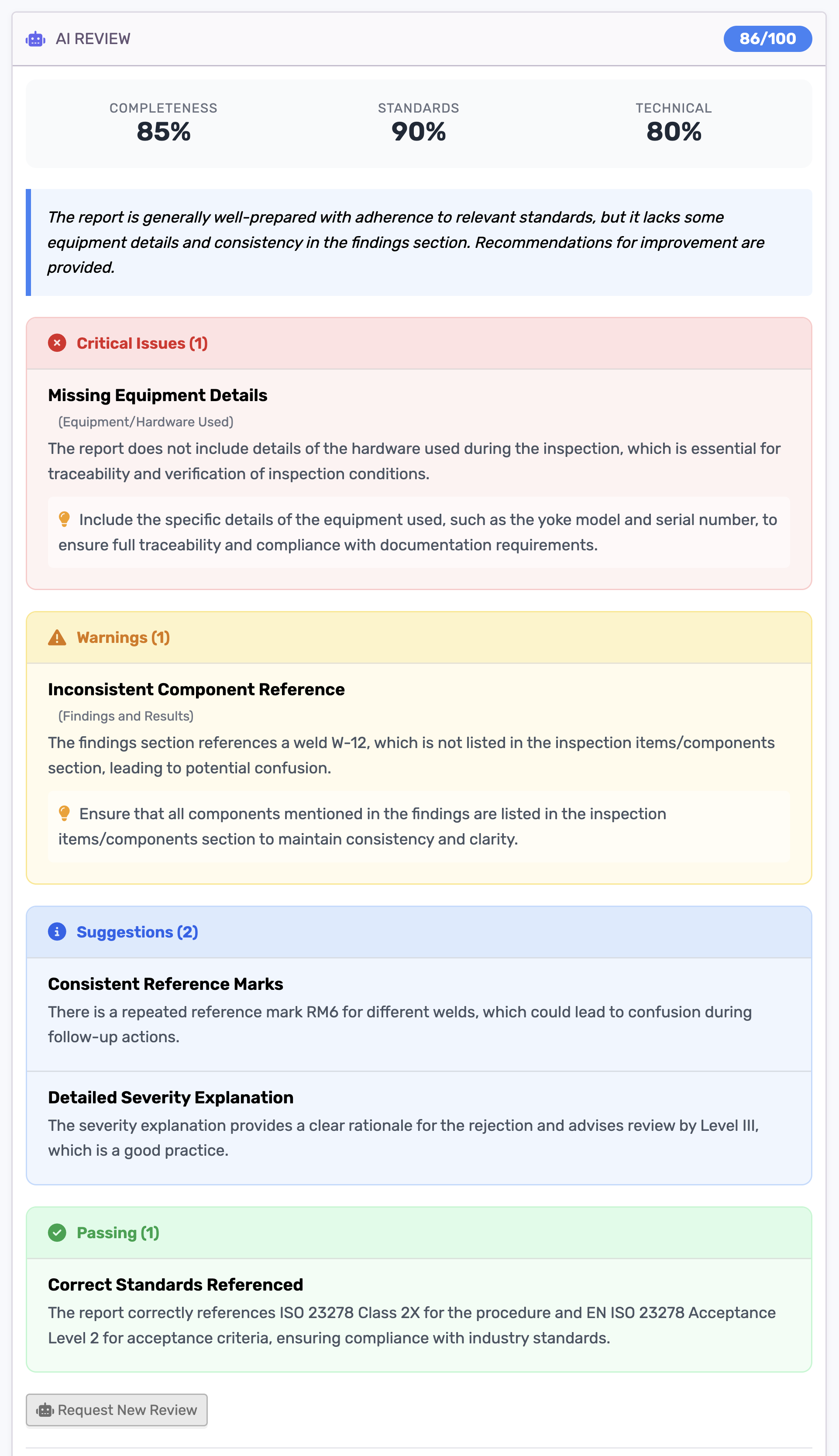 Report validation screen highlighting quality checks