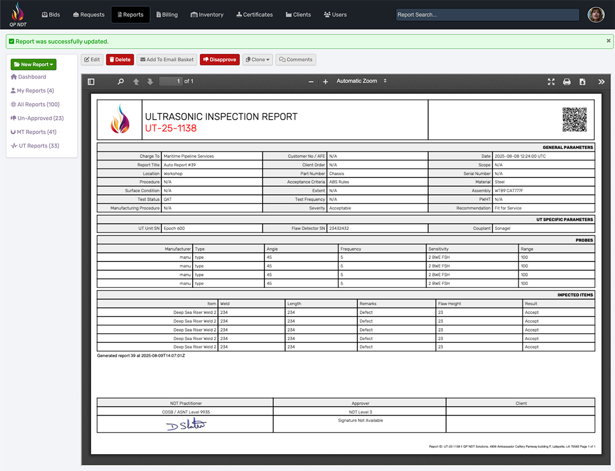 AgileNDT report screen showing inspection details, signatures and report status
