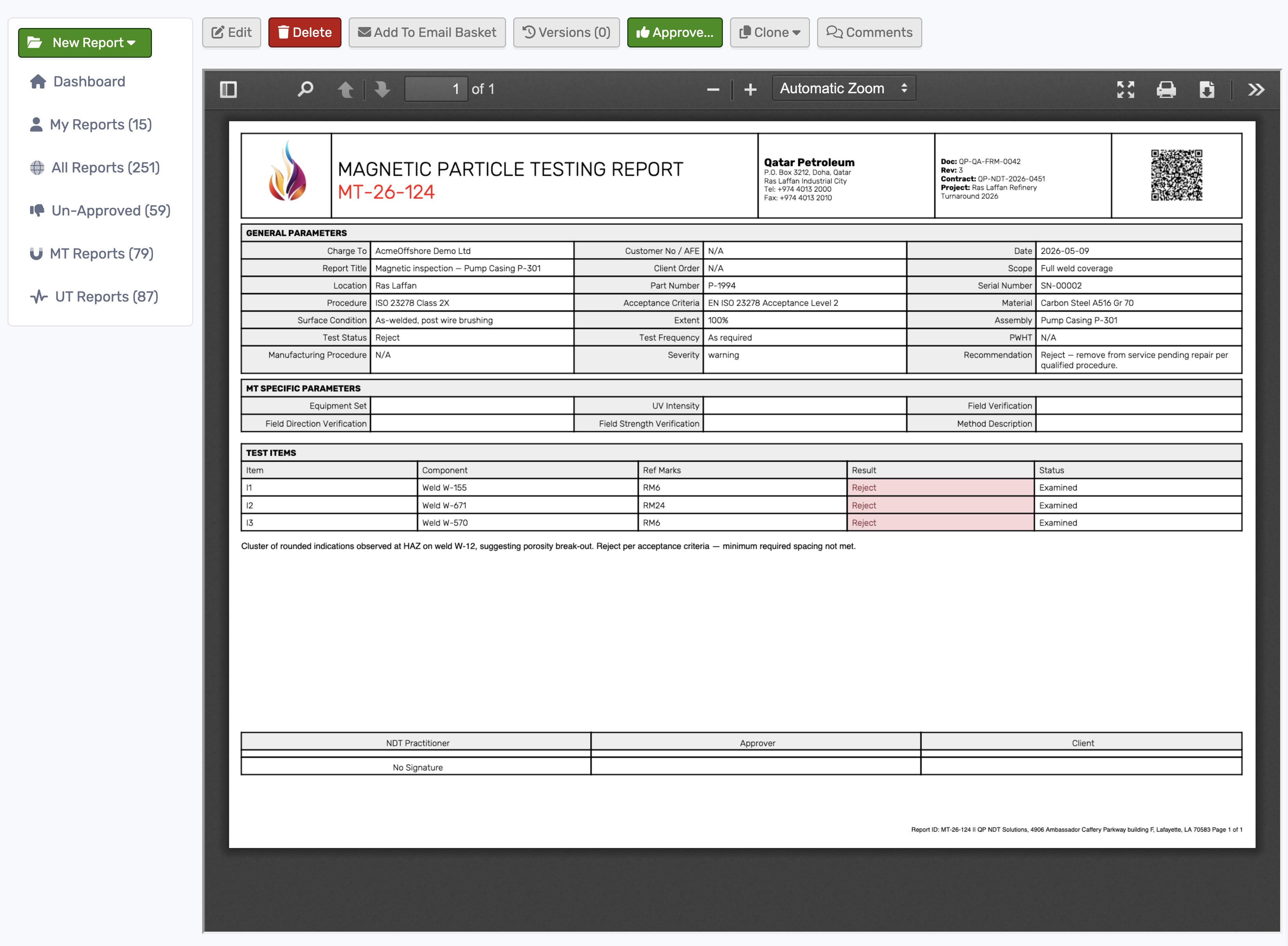 AgileNDT report creation screen for starting a new inspection report