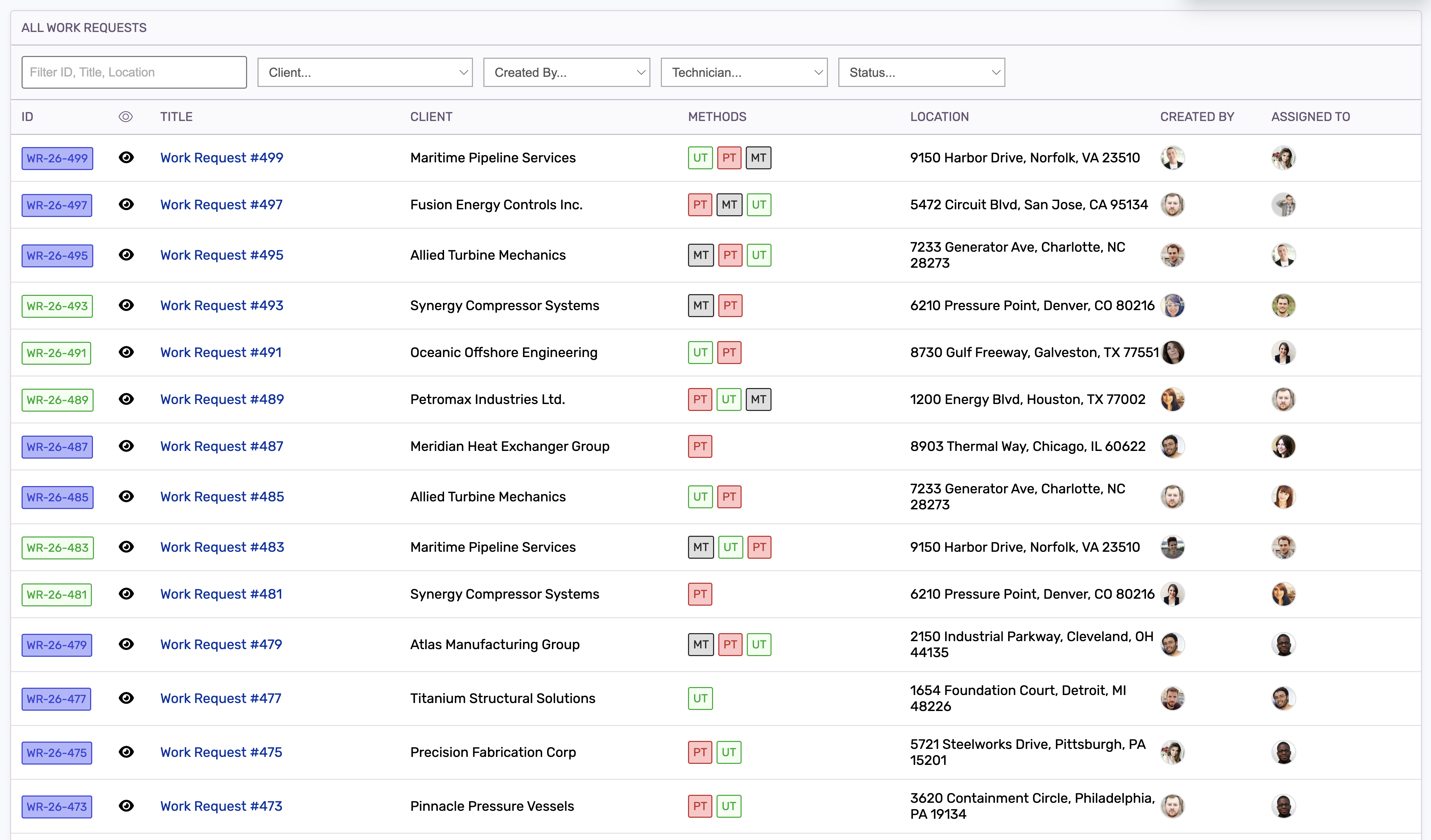 AgileNDT work request index showing request records and statuses